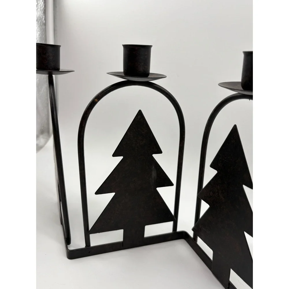 Vintage Rustic Metal Pine Tree 3 Cup Taper Candle Holder Accordion Centerpiece